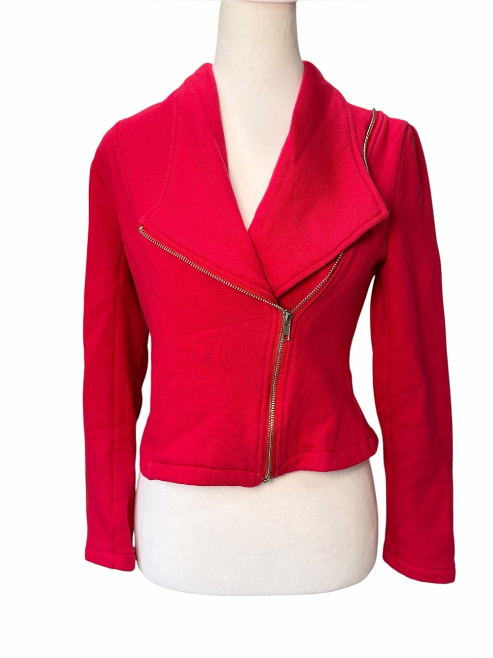 Forever 21 Womens Small Red Knit Moto Jacket Asymmetrical Zip Fleece Lined